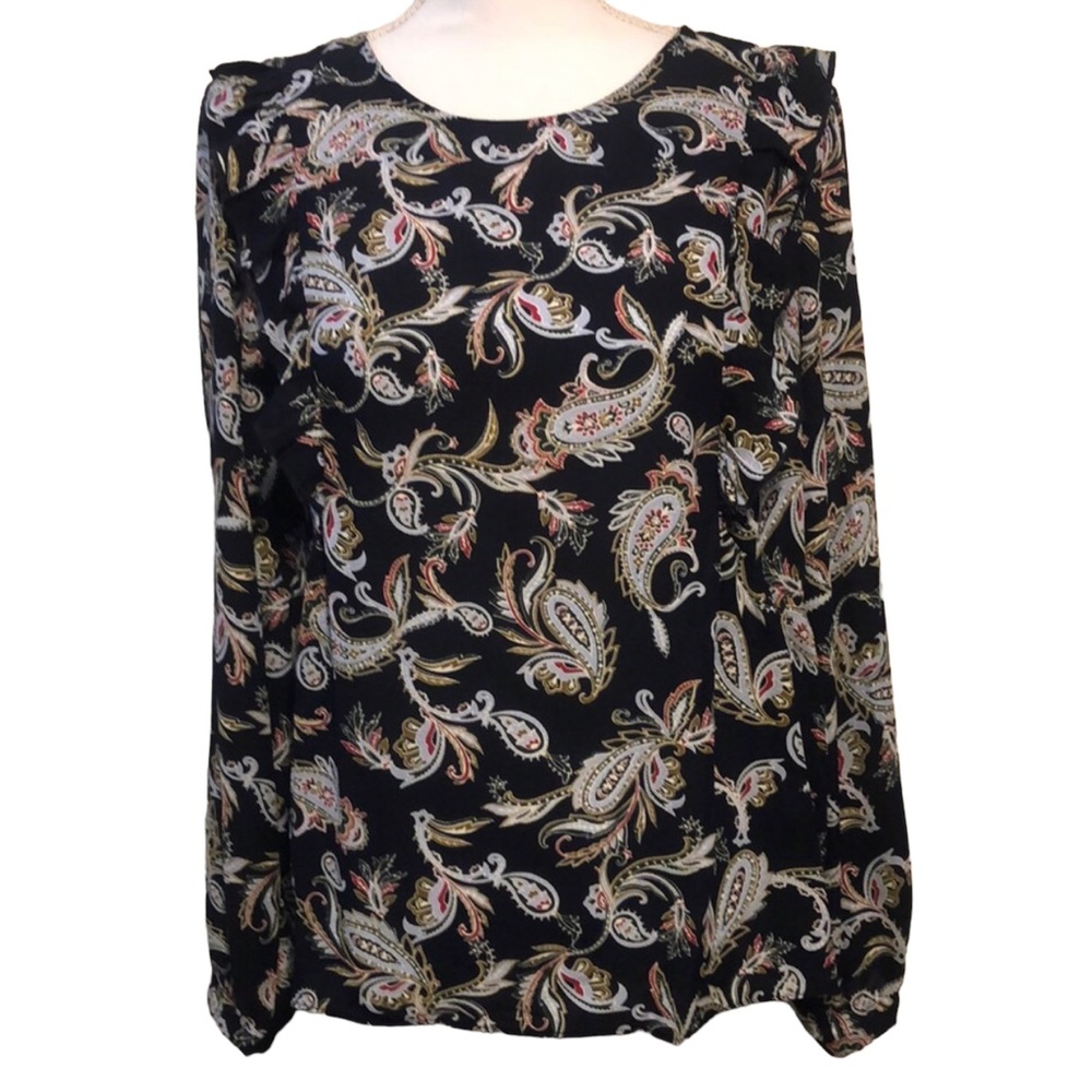 Nanette Lepore Navy Blue Long Sleeved Blouse With Ruffles & Paisley Print